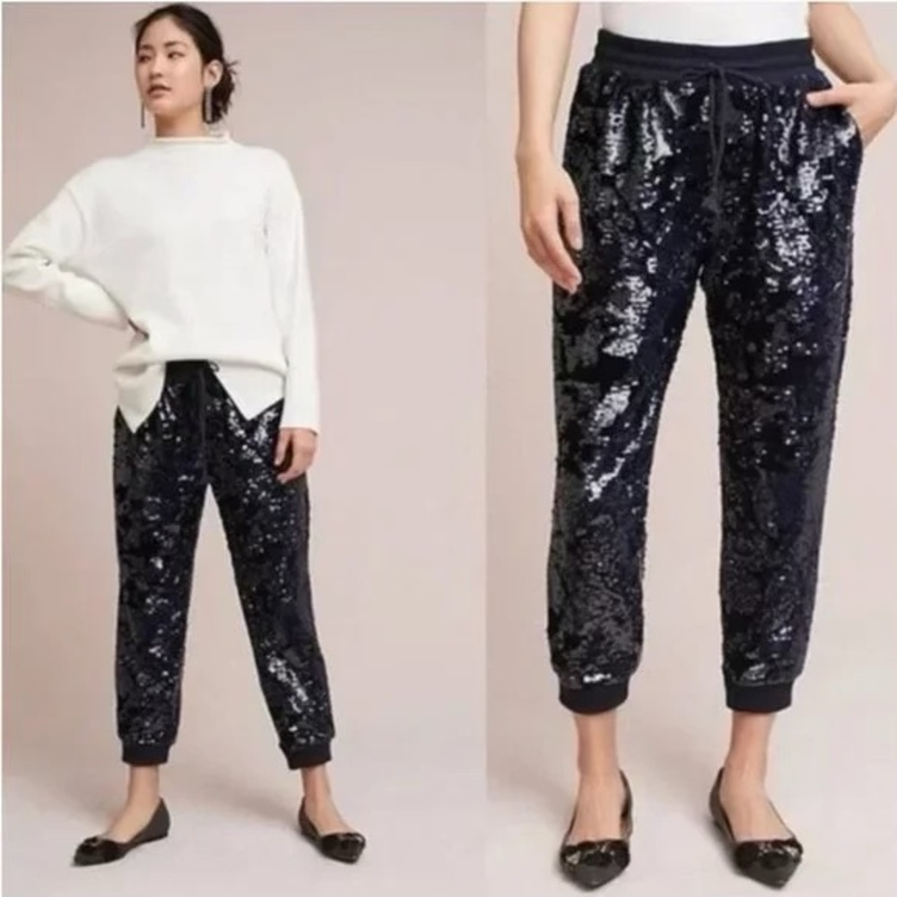 Anthropologie ett:twa Sparkle Sequin Velvet Joggers in Navy Blue, Size Medium M